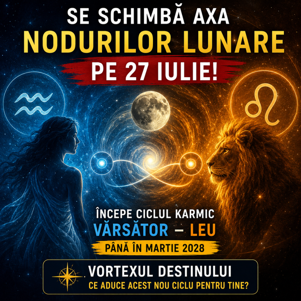 Se schimbă axa Nodurilor Lunare pe 27 iulie: începe ciclul karmic Vărsător–Leu până în martie 2028 – Vortexul destinului
